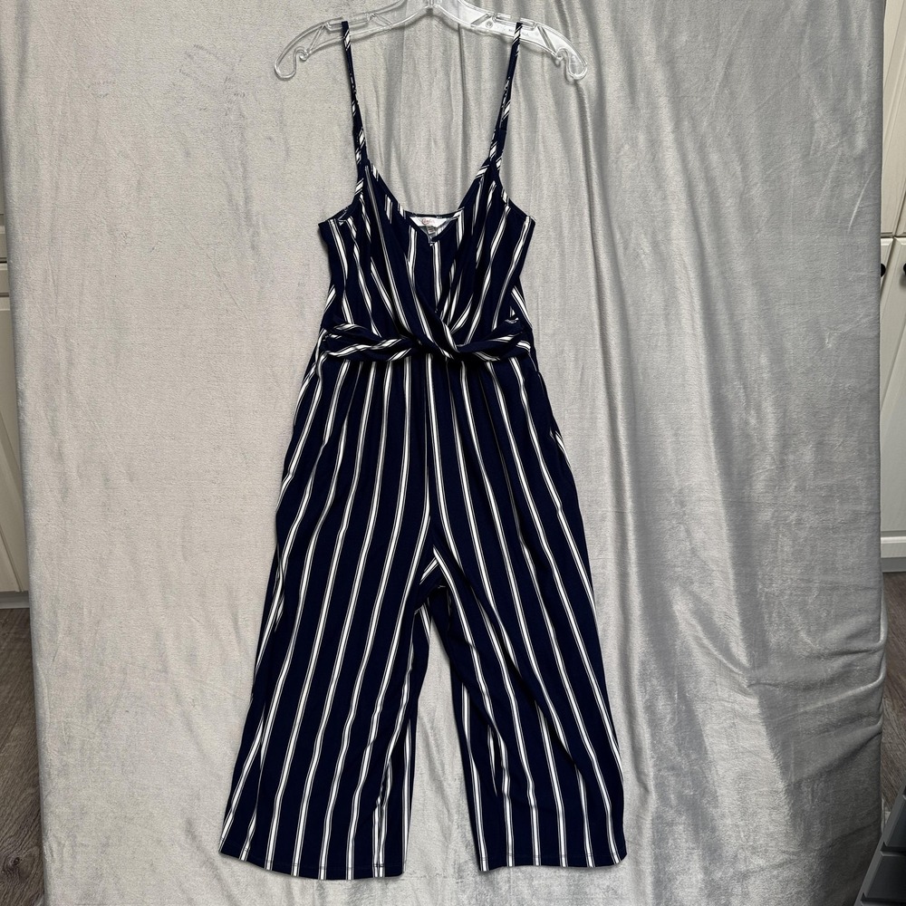 Candie's Jumpsuit Womens Small Navy White Striped Twist Front Culotte Wide Leg